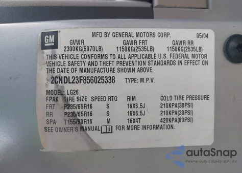 2005 Chevrolet Equinox Ls from USA, damaged, VIN 2CNDL23F856025338